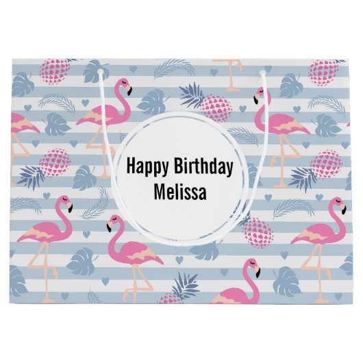 Flamingo & Pineapple Pattern Birthday Groot Cadeauzakje (Voorkant)