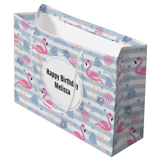 Flamingo & Pineapple Pattern Birthday Groot Cadeauzakje (Voorkant Gekanteld)