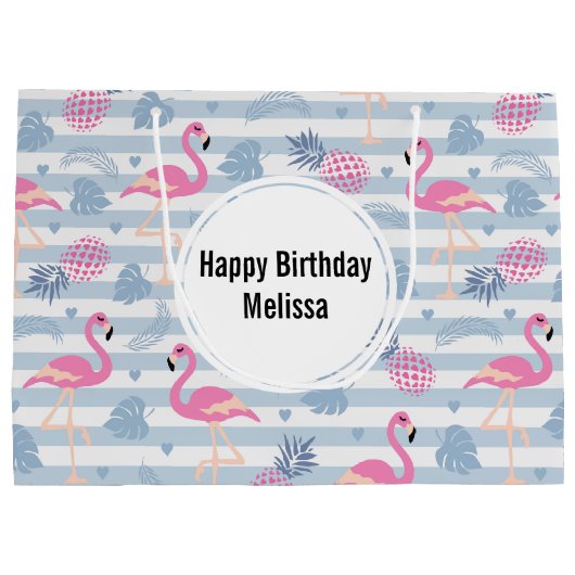 Flamingo & Pineapple Pattern Birthday Groot Cadeauzakje (Achterkant)