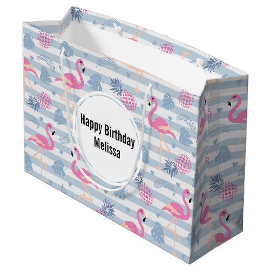 Flamingo & Pineapple Pattern Birthday Groot Cadeauzakje (Achterkant Gekanteld)