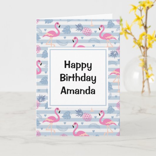 Flamingo & Pineapple Pattern Birthday Kaart (Gele Bloem)