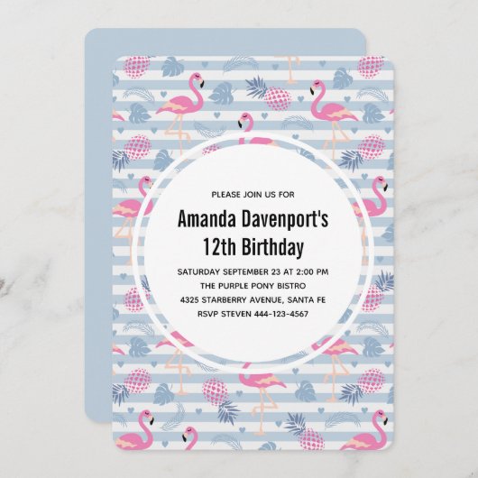 Flamingo & Pineapple Pattern Birthday Kaart (Voorkant / Achterkant)