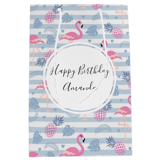Flamingo & Pineapple Pattern Birthday Medium Cadeauzakje (Voorkant)