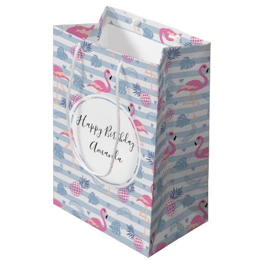 Flamingo & Pineapple Pattern Birthday Medium Cadeauzakje (Voorkant Gekanteld)