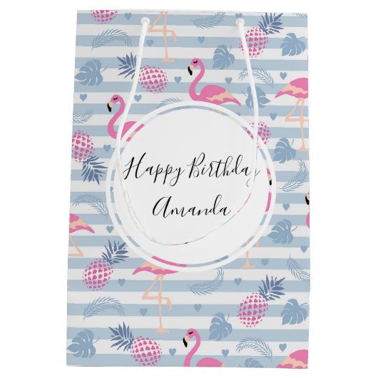 Flamingo & Pineapple Pattern Birthday Medium Cadeauzakje (Achterkant)