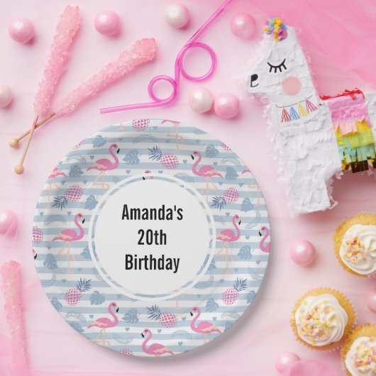 Flamingo & Pineapple Pattern Birthday Papieren Bordje (Feest)