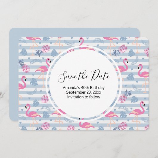 Flamingo & Pineapple Pattern Birthday Save The Date (Voorkant / Achterkant)