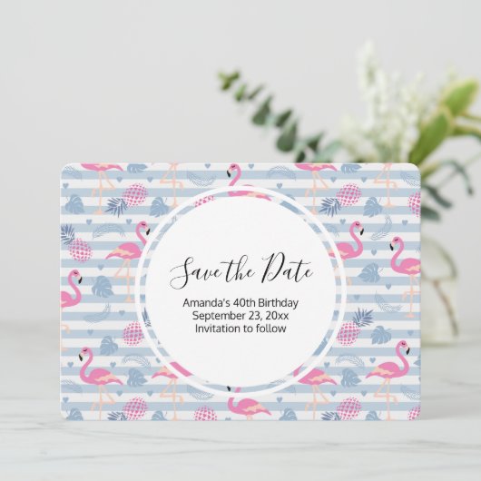 Flamingo & Pineapple Pattern Birthday Save The Date (Staand voorkant)