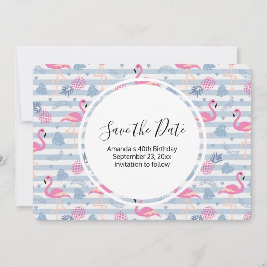 Flamingo & Pineapple Pattern Birthday Save The Date (Voorkant)