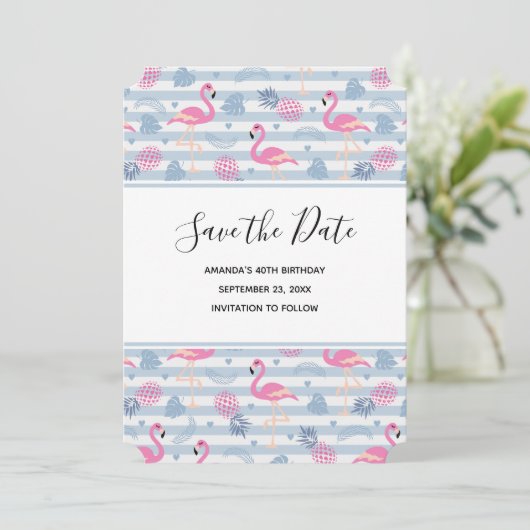 Flamingo & Pineapple Pattern Birthday Save The Date (Staand voorkant)