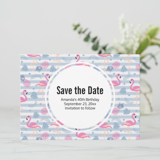 Flamingo & Pineapple Pattern Birthday Save The Date (Staand voorkant)