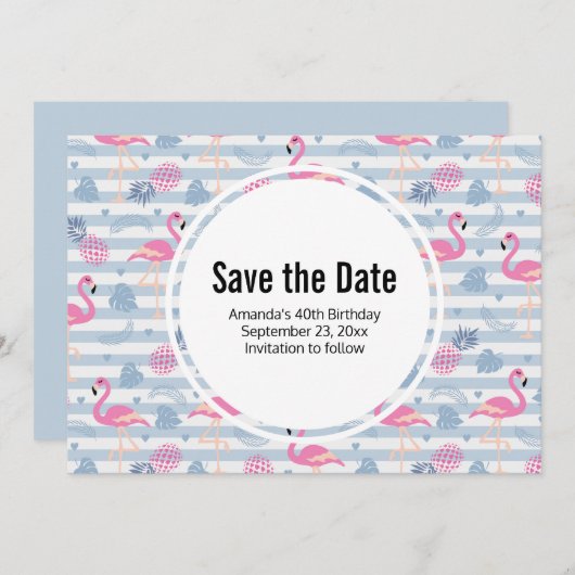 Flamingo & Pineapple Pattern Birthday Save The Date (Voorkant / Achterkant)