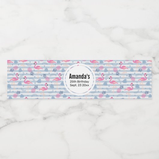 Flamingo & Pineapple Pattern Birthday Waterfles Etiket (Enkel label)