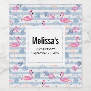 Flamingo & Pineapple Pattern Birthday Wijn Etiket