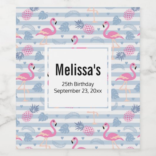 Flamingo & Pineapple Pattern Birthday Wijn Etiket (Enkel label)