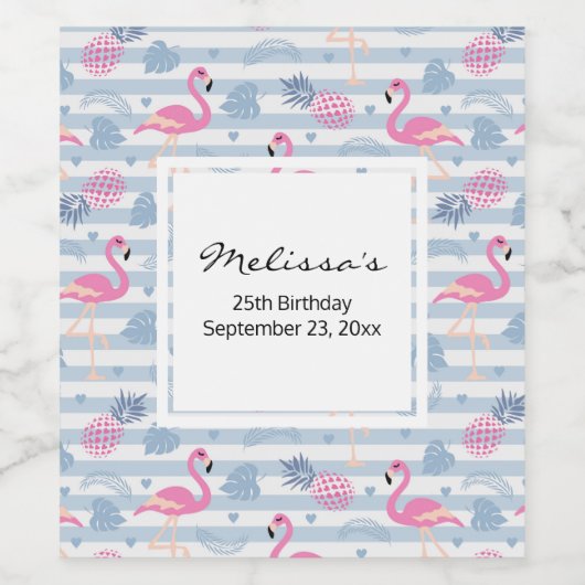 Flamingo & Pineapple Pattern Birthday Wijn Etiket (Enkel label)