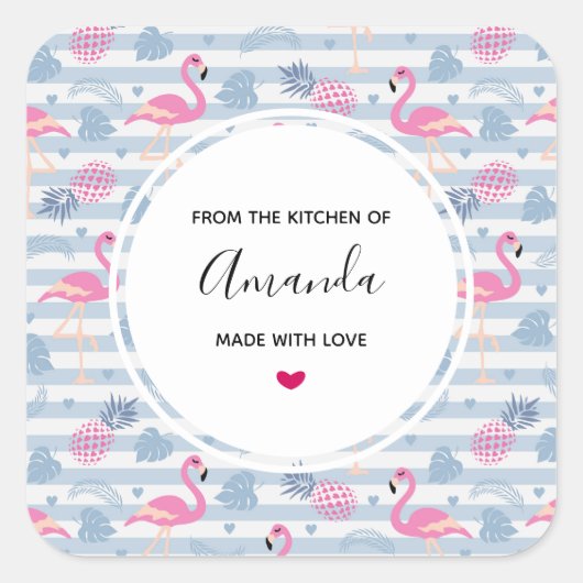 Flamingo & Pineapple Pattern Kitchen Vierkante Sticker (Voorkant)