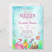 Flamingo Pineapple Summer Pool Sweet 16 Kaart (Voorkant)