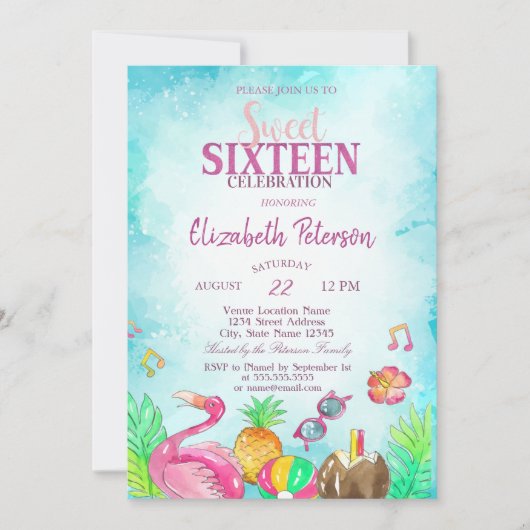 Flamingo Pineapple Summer Pool Sweet 16 Kaart (Voorkant)