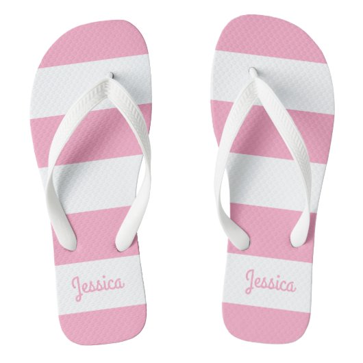 Flamingo Pink and White Stripe Persoonlijk Teenslippers (Voetbed)
