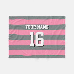 Flamingo Pink Charcoal Team Jersey Preppy Stripe Fleece Deken