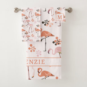 Flamingo Pink Coral Name Monogram Bad Handdoek
