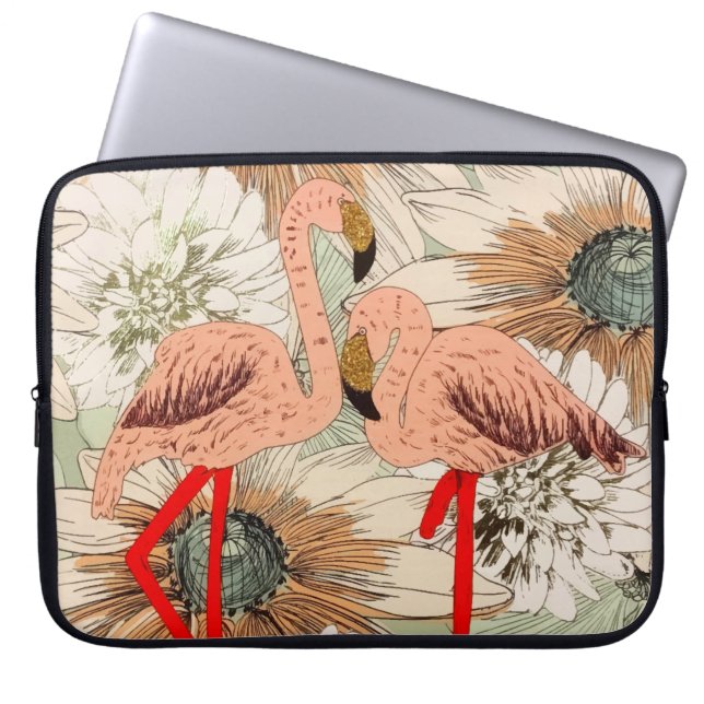 Flamingo Pink Floral Tropical Leaves Glitter Laptop Sleeve (Voorkant)