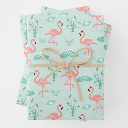 Flamingo Pink Green Tropical Birds Trendy Inpakpapier Vel (In situ)