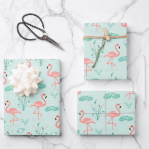 Flamingo Pink Green Tropical Birds Trendy Inpakpapier Vel