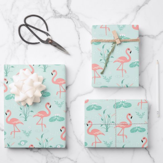 Flamingo Pink Green Tropical Birds Trendy Inpakpapier Vel (Voorkant)