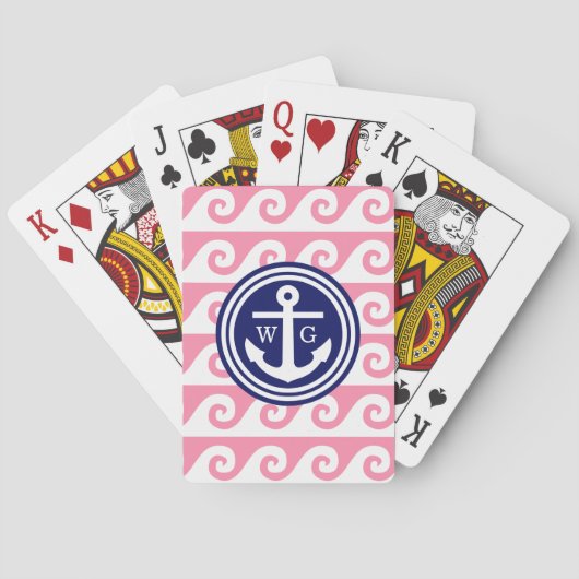 Flamingo Pink Navy Blue Whanchor Greek Key Waves Pokerkaarten (Achterkant)
