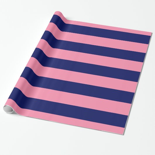 Flamingo Pink, Navy Blue XL Stripes Pattern V Cadeaupapier (Uitgerold)