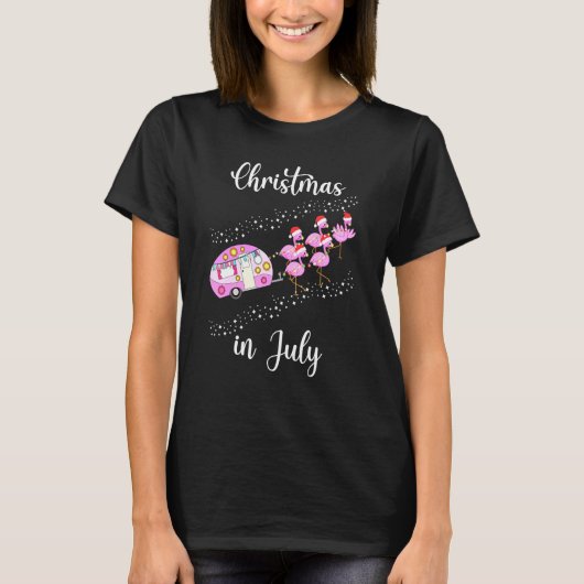 Flamingo Pink Retro Camping Car Kerstmis in juli T-shirt (Voorkant)