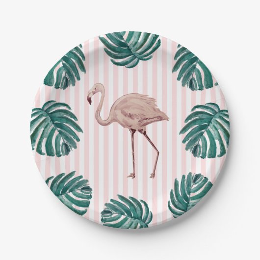 Flamingo Pink Stripe Birthday Tropical Papieren Bordje (Voorkant)
