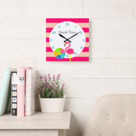 Flamingo Pink Stripe Personalized Wall Clock Vierkante Klok