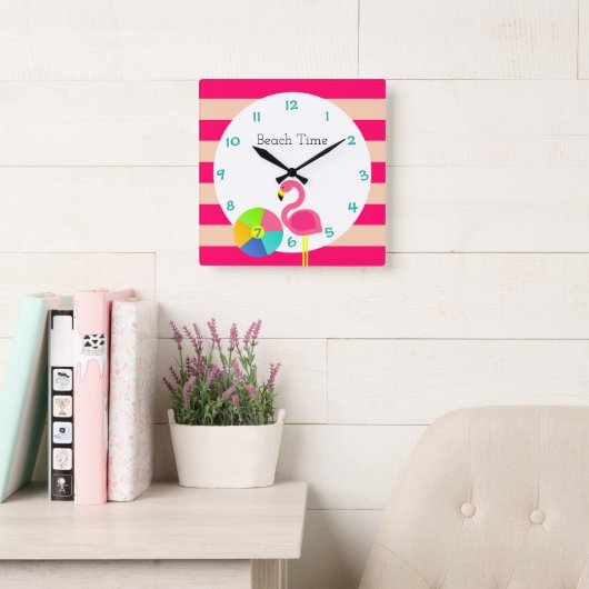 Flamingo Pink Stripe Personalized Wall Clock Vierkante Klok (Leeskamer)