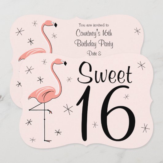 Flamingo Pink "Sweet 16"-uitnodigingsbeugel Kaart (Voorkant / Achterkant)