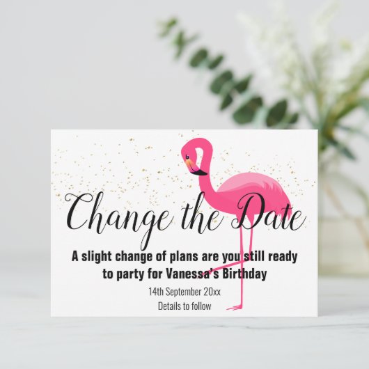 FLAMINGO PINK VERANDERT DE DATUM White RSVP Card (Staand voorkant)