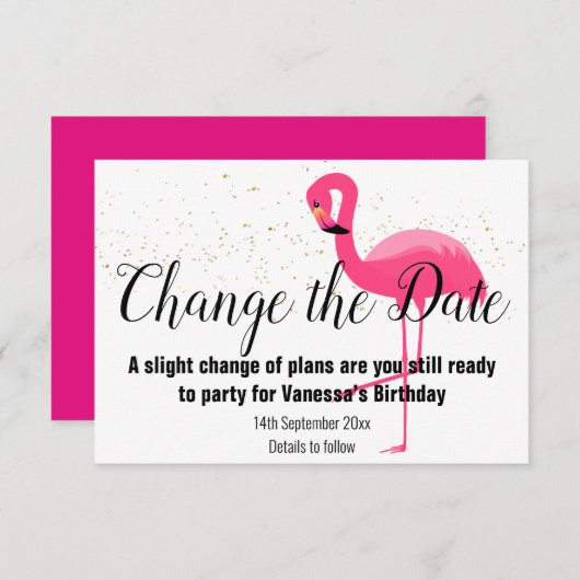 FLAMINGO PINK VERANDERT DE DATUM White RSVP Card (Voorkant / Achterkant)
