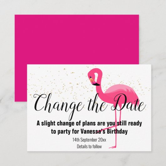 FLAMINGO PINK VERANDERT DE DATUM White RSVP Card Kaartje (Voorkant / Achterkant)