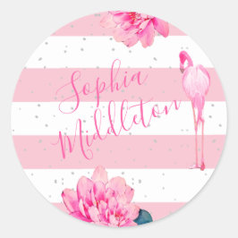 Flamingo Pink White Stripe Floral Chic Silver Ronde Sticker
