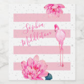 Flamingo Pink White Stripe Floral Chic Silver Wijn Etiket (Enkel label)