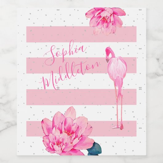 Flamingo Pink White Stripe Floral Chic Silver Wijn Etiket (Enkel label)