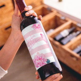 Flamingo Pink White Stripe Floral Chic Silver Wijn Etiket