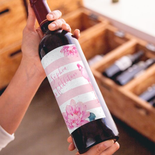 Flamingo Pink White Stripe Floral Chic Silver Wijn Etiket