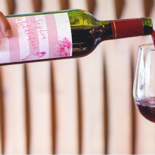 Flamingo Pink White Stripe Floral Chic Silver Wijn Etiket