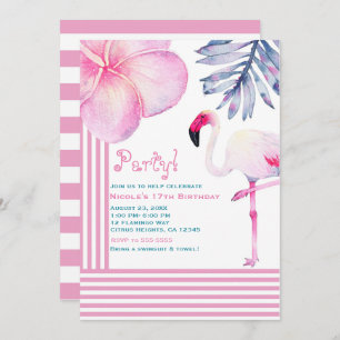 Flamingo Pink & White Stripes Birthday Party Kaart