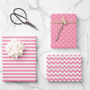 Flamingo Pink & White Stripes Polka Dot Chevron Inpakpapier Vel