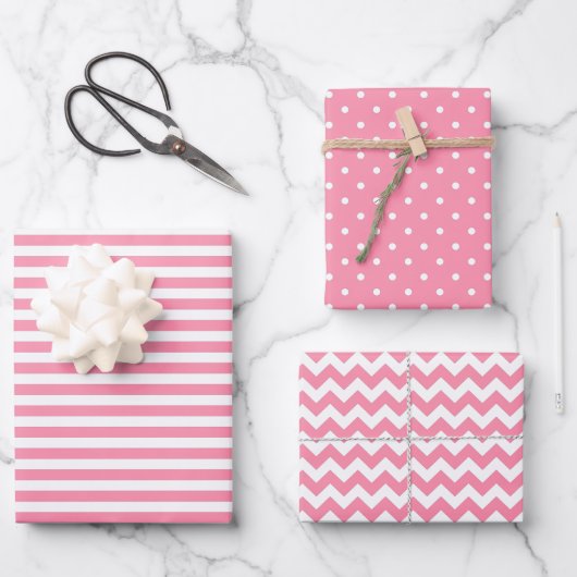 Flamingo Pink & White Stripes Polka Dot Chevron Inpakpapier Vel (Voorkant)