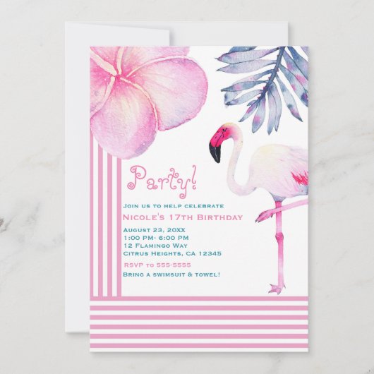 Flamingo Pink & White Stripes Verjaardagsfeest Kaart (Voorkant)